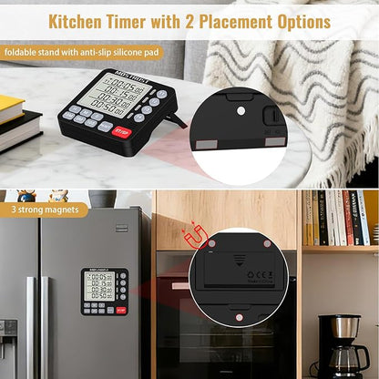 Digital Dual Kitchen Timer, 4 Channels Independent Countdown Timer, Large Display, On/Off, Loud Volume Alarm and Flashing Light with Magnetic Back, Stand, Battery Included (Black) - Image 4