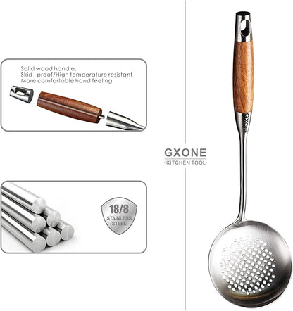 Slotted Spoon,304 Stainless Steel Skimmer Spoon with Heat Resistant Wooden Handle,Silver/15.8Inch - Image 3
