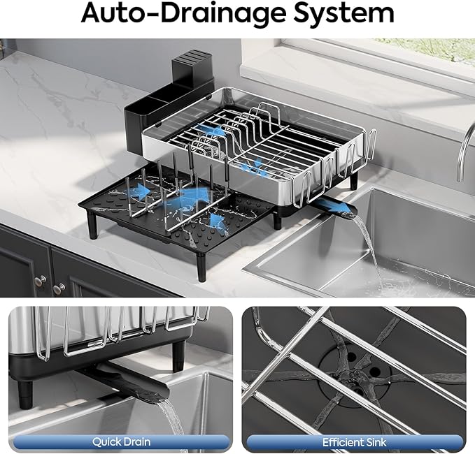 Urackify Dish Drying Rack for Kitchen Counter - Stainless Steel Dish Drainer with Drain Board, Removable Utensil Holder, Rust-Proof Plate, Non-Slip Feet, Large Capacity for 10 Plates 6 Bowls 4 Cups - Image 3