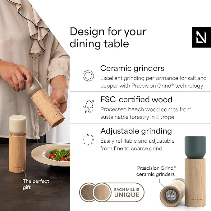 LARS NYSØM Wooden Salt and Pepper Grinder Set Manual - Salt and Pepper Mills with Adjustable Ceramic Grinder - Elegant Beechwood Pepper and Salt Mill Set for Dining Table (Blue/Gray)