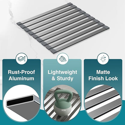 COOL-ANGLE Aluminum Roll Up Dish Drying Rack Over The Sink, 17.7" x 13.4" Rust-Proof Foldable Dish Drainer Mat, Heat Resistant Trivet & Kitchen Sink Cover, Fits Sinks up to 16.8" Wide, Matte Gray