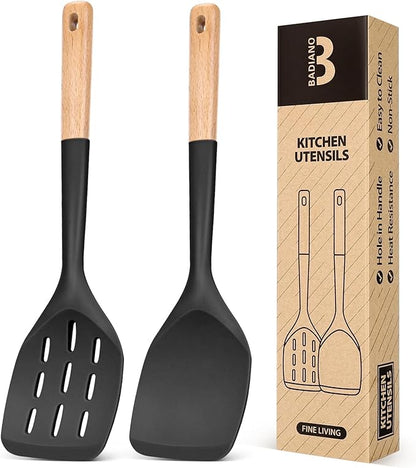 Pack of 2 Silicone Spatula, Non Stick Cooking Utensil Set Wooden Handle Kitchen Turner for Baking Mixing Grilling Serving Food Heat Resistant Non Scratch Hooks Included (Black) by BADIANO