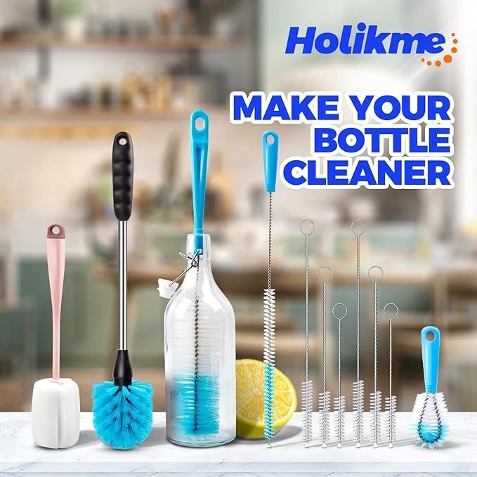 Holikme Bottle Brush Tube Cleaning Lab Set with Long Handle, Cup Cleaner for Washing Narrow Neck Beer Wine Decanter Pipes Lids Sinks Cap Covers, Pink - Image 7