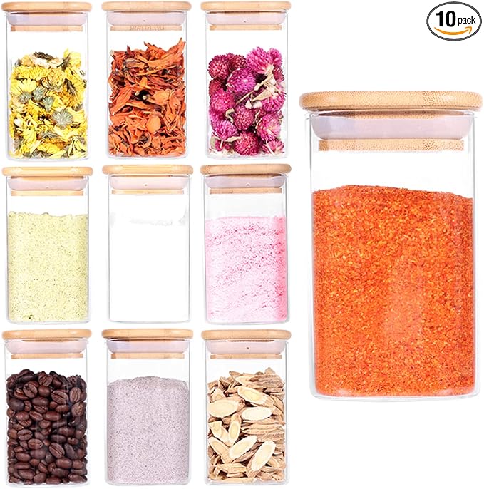 Tzerotone 10 Pcs Glass Spice Jars - 8oz Empty Square Spice Storage Containers With Bamboo Airtight Lid and Labels - Thicken Small Glass canister for Kitchen Seasoning,Coffee Bean,Tea,Suger,Herbs by Tzerotone