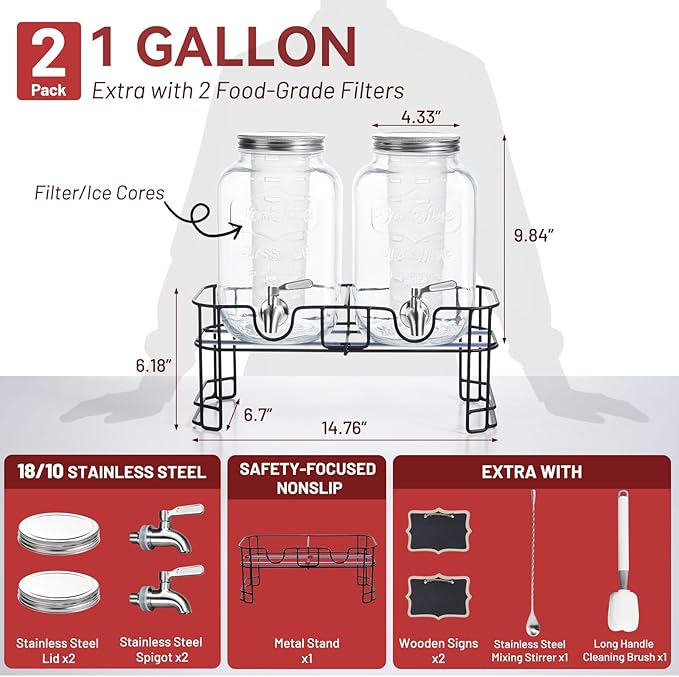 KIKCOIN 1 Gallon Glass Drink Dispensers for Parties, 2 Pack Leakproof Beverage Dispenser with Stand & 18/10 Stainless Steel Spigot & Filter -for Lemonade, Juice, Sun Tea, Punch- ALL DISHWASHER SAFE - Image 4