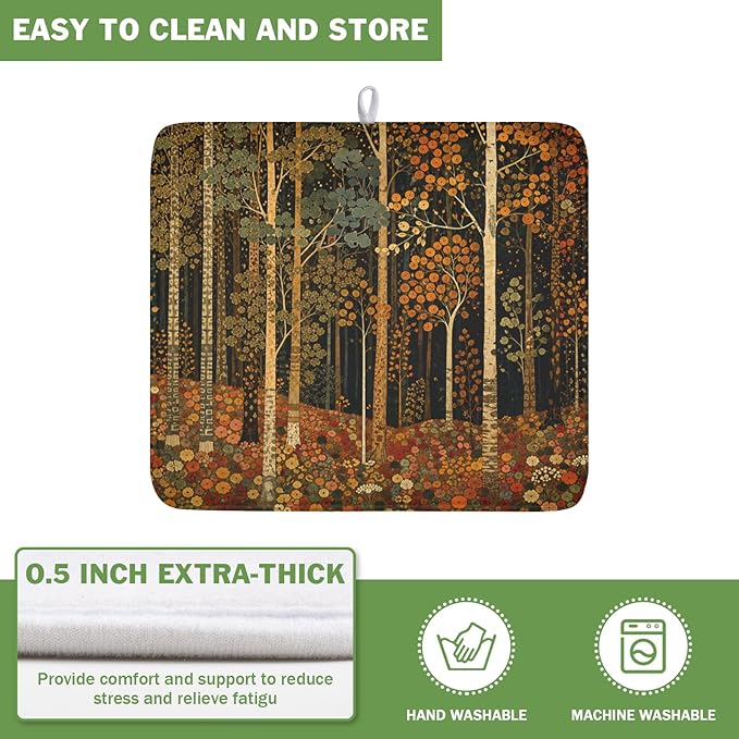 Fall Dish Drying Mat for Kitchen Counter Autumn Forest Vintage Botanical Nature Microfiber Dish Drainer Mat Antique Rustic Farmhouse Absorbent Washable Drying Pad 16"x18"