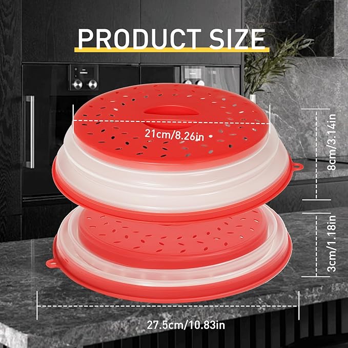 CasaCulina 2 Pack Collapsible Microwave Splatter Cover, Vented Microwave Lid with Hook Hole, Splatter Guard for Plate Dish Bowl, Vegetable Fruit Colander Multi-function Kitchen Gadget(Grey & Red) - Image 2