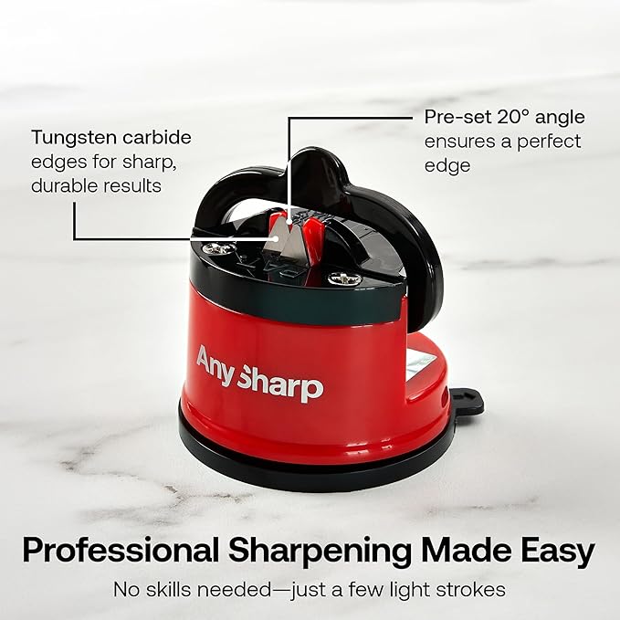 AnySharp – Editions – Hands Free Knife Sharpener - Easy to Use Sharpening Tool with PowerGrip Suction Base and 20-Degree Pre-Set Angle - for All Knives: Chef's, Serrated, and Hardened Steel - Red - Image 4