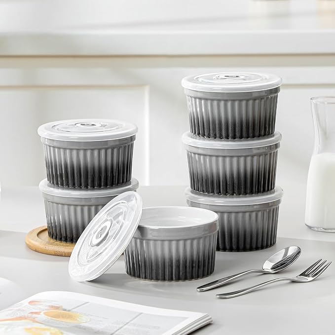 vancasso 8 oz Ramekins with Lid, Porcelain Creme Brulee Souffle Dishes, Grey Pudding Custard Cups Ramiken for Baking, Dishwasher and Oven Safe, Set of 6 - Image 6