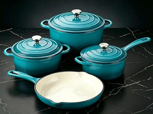 QuliMetal Enameled Cast Iron Cookware Set, 4-Piece Pots and Pans Set with Lids, 10.25" Skillet, 2QT Saucepan, 2.8QT & 4.8QT Dutch Ovens, Oven Safe to 500°F, All Stovetops Compatible - Teal