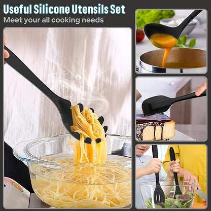 E-far Silicone Cooking Utensils Set, 7-Piece Black Heat Resistant Kitchen Utensils Set, Kitchen Nonstick Tools Spatula Ladle Spoon Pasta Server for Non-stick Cookware, Non-Toxic & Dishwasher safe - Image 6