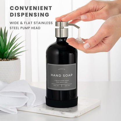 Hand and Dish Soap Dispenser for Kitchen and Bathroom, Set of 2 16 Oz Glass Bottles, Stainless Steel Pumps, Non-Slip Silicone Base, 27 Waterproof Labels (Gloss Black Bottle/Brushed Silver Pump) - Image 4