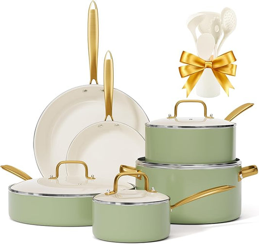Pots and Pans Set Non Stick - VONIKI Ceramic Cookware Set with Cooking Utensils Set, Non Toxic Kitchen Cookware Sets Dutch Oven Pot with Lid Saucepan Set Sauté Pan Frying Pan Set for Cooking Gifts by VONIKI