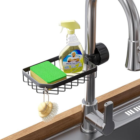 LONIN Sponge Holder Over Faucet Kitchen Sink Caddy Organizer, Stainless Steel Detachable Hanging Faucet Drain Rack for Bathroom, Scrubbers, Soap, (Black) by LONIN