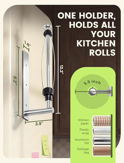 INMAKER Magnetic Paper Towel Holder, Strong Magnet Paper Towel Holder for Fridge, Kitchen, RV, Garage, Grill with Self Adhesive Wall Mount and Screws, One Hand Tear with Adjustable Damping (Silver)