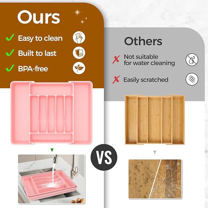 ukeetap Extra Large Expandable Silverware Organizer, BPA-Free Food-Safe Cutlery Flatware Organizer, Kitchen Utensil Drawer Organizer, Adjustable Silverware Holder for Spoons Forks Knives, Pink - Image 7