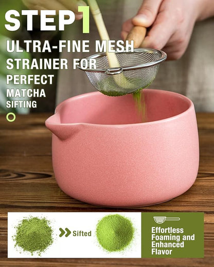 20OZ Matcha Whisk Set - 5PCS Matcha Set Includes Macha Bowl with Spout, Bamboo Whisk with Ceramic Holder, Bamboo Scoop and Sifter, Matcha Kit for Ceremony, Gift for Matcha Lovers (Blush Pink)