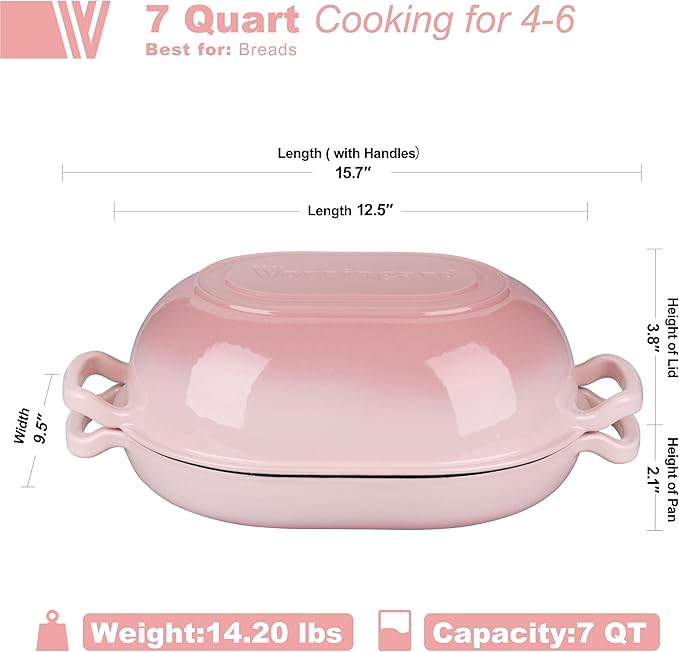 VORRINGARD Enameled Cast Iron Sourdough Bread Oven, Dutch Oven, Loaf Cast Iron Bread Pan for Homemade Bread Baking, Meatloaf Pan with Lid, 7QT, Pink - Image 2