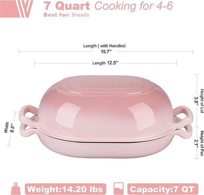 VORRINGARD Enameled Cast Iron Sourdough Bread Oven, Dutch Oven, Loaf Cast Iron Bread Pan for Homemade Bread Baking, Meatloaf Pan with Lid, 7QT, Pink - Image 2