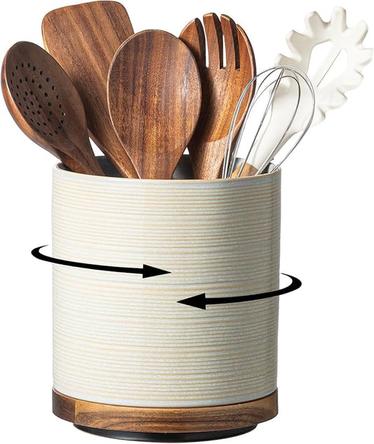 Utensil Holder, 360° Rotating Extra Large Ceramic Kitchen Utensil Holder for Countertop, 7.3" Cooking Utensil Crocks with Rotatable Wooden Base, Farmhouse Decor, Dusty Gray by MIKIGEY