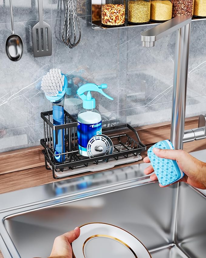 Consumest Sponge Holder for Kitchen Sink - Kitchen Sink Caddy Organizer with Removable Drip Tray for Countertop Dish Soap Dispenser Brush Storage Accessories 304 Stainless Steel - Black - Image 6
