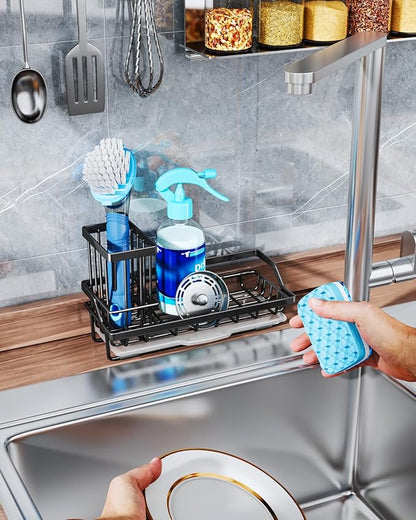 Consumest Sponge Holder for Kitchen Sink - Kitchen Sink Caddy Organizer with Removable Drip Tray for Countertop Dish Soap Dispenser Brush Storage Accessories 304 Stainless Steel - Black - Image 6