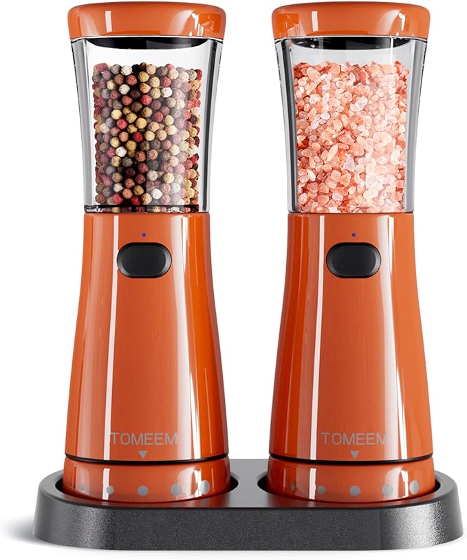 Electric Salt and Pepper Grinder Set with Storage Base, Stainless Steel Rechargeable Salt and Pepper Grinder Set with 4.5 oz Large Capacity, 1.8" Wide Mouth, Adjustable Coarseness, Ideal for Kitchen by Tomeem