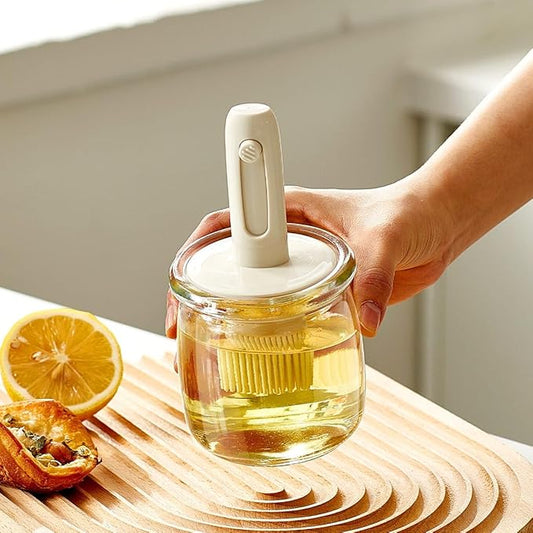 Retractable Oil Brush Dispenser, 2-in-1 Glass Olive Oil Bottle with Silicone Basting Brush — Adjustable Telescopic Design for Cooking, BBQ, and Baking (White/Green/Yellow) (WHITE)