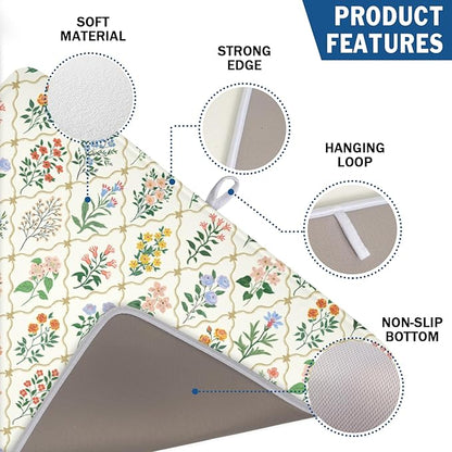 Floral Dish Drying Mat for Kitchen Counter Spring Summer Wild Flowers Diamond Pattern Microfiber Dish Drainer Mat Rustic Absorbent Washable Drying Pad Extra Large 18"x24"