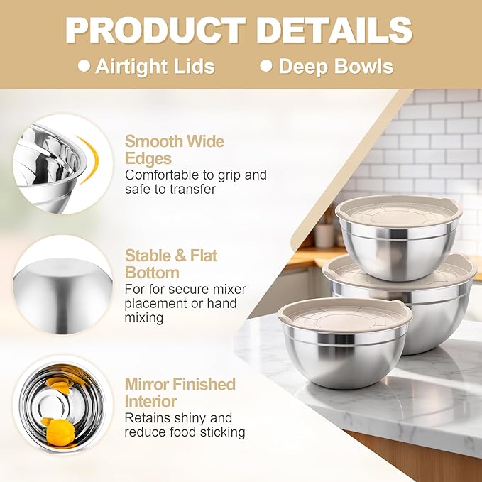 TeamFar Mixing Bowls, Stainless Steel Nesting Salad Bowls with Airtight Lids Set, For Serving/Mixing/Storing, Rust-proof & Heavy Duty, Dishwasher Safe, Set of 3-4.6/3 / 1.5 QT, Khaki - Image 3