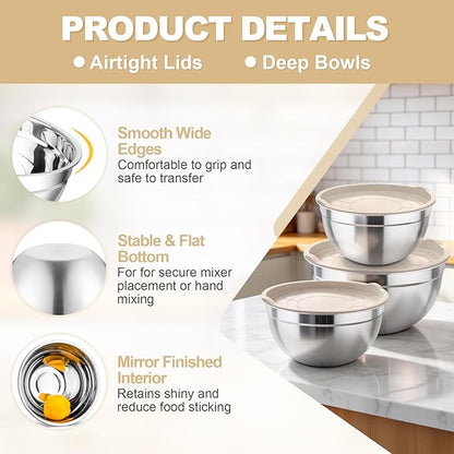 TeamFar Mixing Bowls, Stainless Steel Nesting Salad Bowls with Airtight Lids Set, For Serving/Mixing/Storing, Rust-proof & Heavy Duty, Dishwasher Safe, Set of 3-4.6/3 / 1.5 QT, Khaki - Image 3