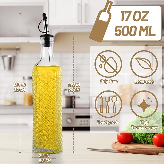 3-Pack Glass Oil Dispensers 500ML/17OZ, Oil and Vinegar Bottles Set with Stainless Steel Pourers, Brush, Funnel, Seal Caps (Square) - Image 2