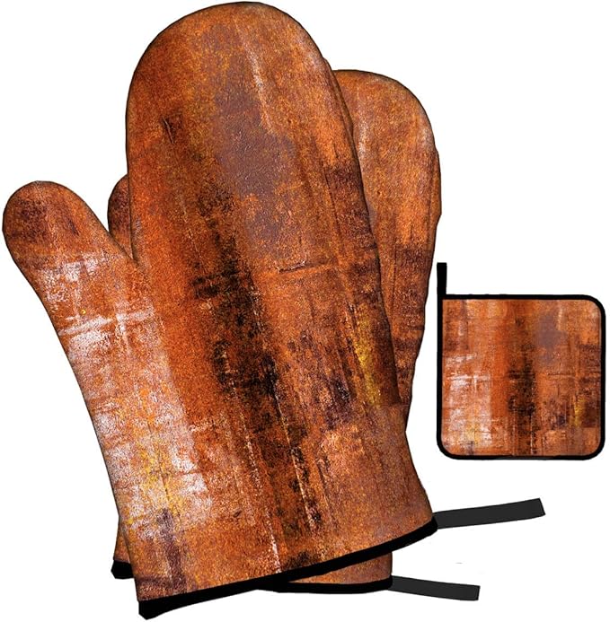 LOKMU Oven Mitts and Pot Holders Set of 3, Burnt Orange Abstract Art Heat Resistant Kitchen Gloves Hot Pads for Cooking Baking BBQ, Kitchen Decor Gifts for Cooking Lover Cooks