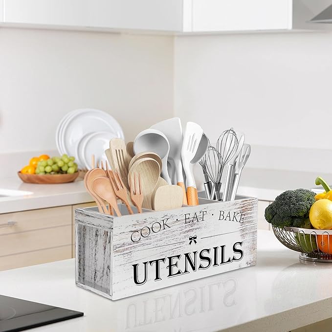 Suli Extra Large Kitchen Utensils Holder with 4 Compartments, Wooden Utensil Organizer for Kitchen Countertop, Farmhouse Decor, Rustic Cooking Utensil - White grain - Image 8