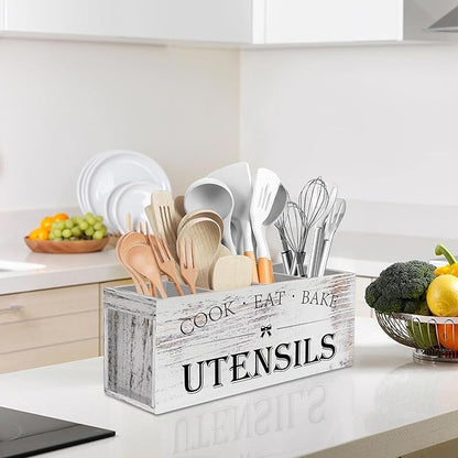 Suli Extra Large Kitchen Utensils Holder with 4 Compartments, Wooden Utensil Organizer for Kitchen Countertop, Farmhouse Decor, Rustic Cooking Utensil - White grain - Image 8