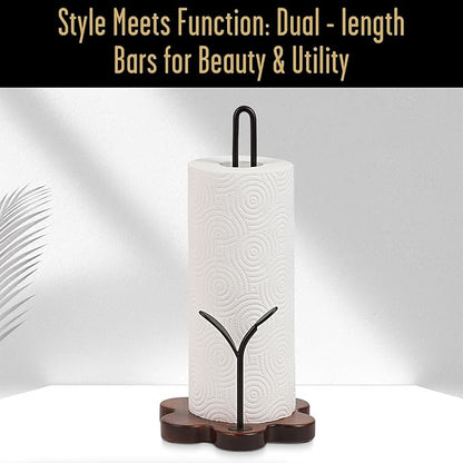 Wooden Paper Towel Holder Countertop, Floral Base with Dual Iron Rods in Antique Brown Finish, Leaf-Shaped Accent, Stable & Durable, Non Slip Pads, Elegant Kitchen/Dining Décor