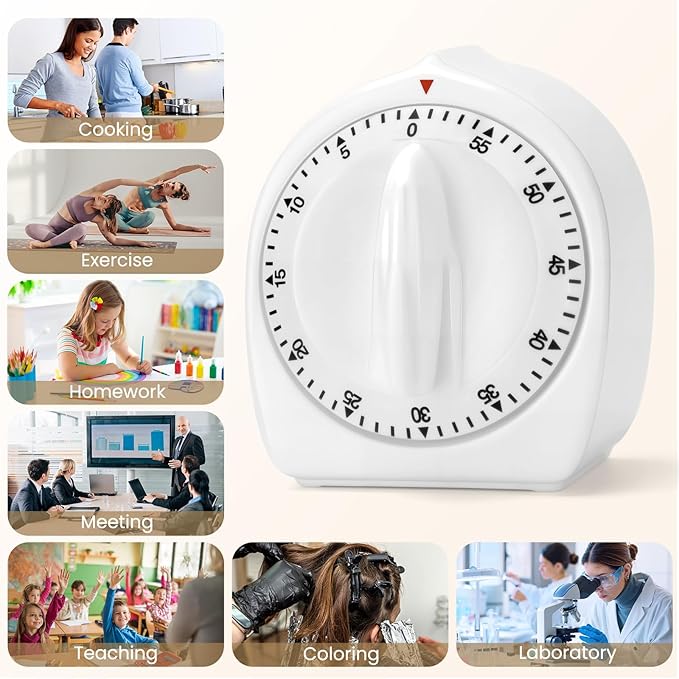 Kitchen Timers for Cooking, 60 Minute Wind Up - Chef Cooking Timer with Loud Alarm,100% Mechanical Desk Timer -No Batteries Required - Manual Countdown timers for Home, Study and Cooking (White) - Image 3