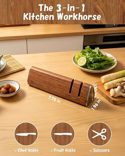 PAUDIN Walnut Knife Sharpener – 2-Stage Sharpening for Dull Knives, Safe for High-Carbon Steel Blades, Easy to Use – No Water, No Mess, One-Pull Sharpening, Kitchen Sharpener for Knives and Scissors