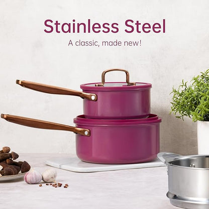 CAROTE 1.5Qt & 3.0Qt Stainless Steel Saucepan Set with Steamer & Ladle, Non-Toxic 3-Ply Stainless Steel Pot with Lids, Small Pots for Cooking, Oven Safe, Induction Compatible Cookware, Purple - Image 9