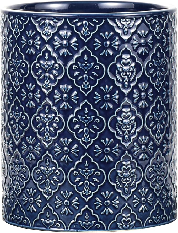 Kitchen Utensil Holder, 6x7 inch Large Ceramic Utensil Holder with Embossed Pattern, Cooking Utensil Crocks for Kitchen Countertop, Home Decor, Blue by MIKIGEY