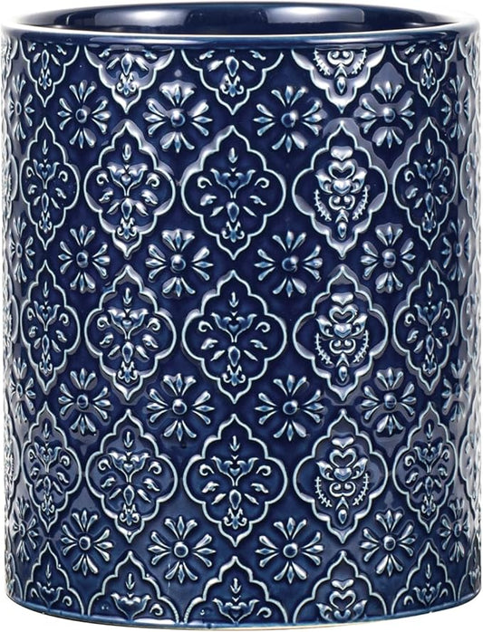 Kitchen Utensil Holder, 6x7 inch Large Ceramic Utensil Holder with Embossed Pattern, Cooking Utensil Crocks for Kitchen Countertop, Home Decor, Blue by MIKIGEY