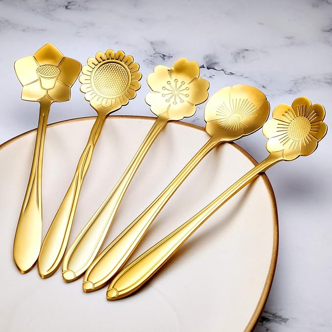 Chengu 8 Pieces Flower Coffee Tea Spoons Stainless Steel Sugar Spoons Tea Party Flower Fancy Tableware Set Stir Bar Creative Stirring Teaspoon, 8 Different Patterns(Gold) - Image 4