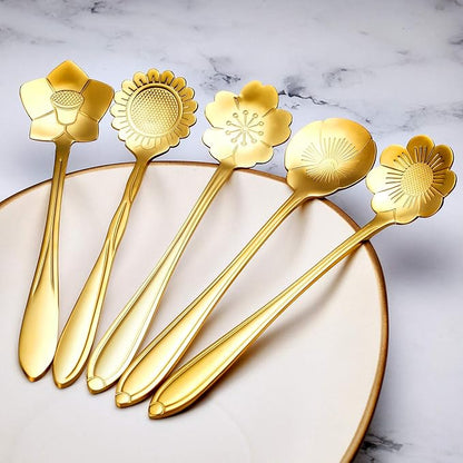 Chengu 8 Pieces Flower Coffee Tea Spoons Stainless Steel Sugar Spoons Tea Party Flower Fancy Tableware Set Stir Bar Creative Stirring Teaspoon, 8 Different Patterns(Gold) - Image 4