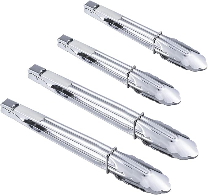 HINMAY Stainless Steel Utility Food Tongs Set Kitchen Metal Tongs for Cooking Grilling Barbecue BBQ and Serving Salad (9 12 Inch 4 Pieces) by HINMAY