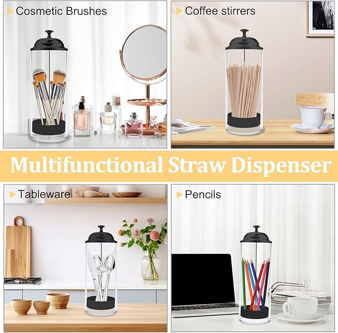 Straw Holder for Standard Size Drinking Straws, Acrylic Plastic Straw Dispenser for Counter with Lid Black(Straws Not Include)