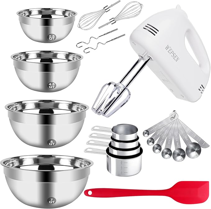 5-Speed Electric Hand Mixer, 4 Large Mixing Bowls Set, Handheld Mixers with Whisks Beater, Stainless Steel Metal Nesting Bowl Measuring Cups Spoons Kitchen Cake Blender for Baking Supplies by WEPSEN