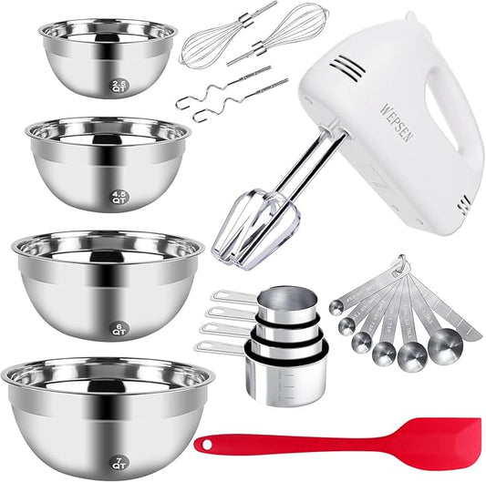 5-Speed Electric Hand Mixer, 4 Large Mixing Bowls Set, Handheld Mixers with Whisks Beater, Stainless Steel Metal Nesting Bowl Measuring Cups Spoons Kitchen Cake Blender for Baking Supplies by WEPSEN