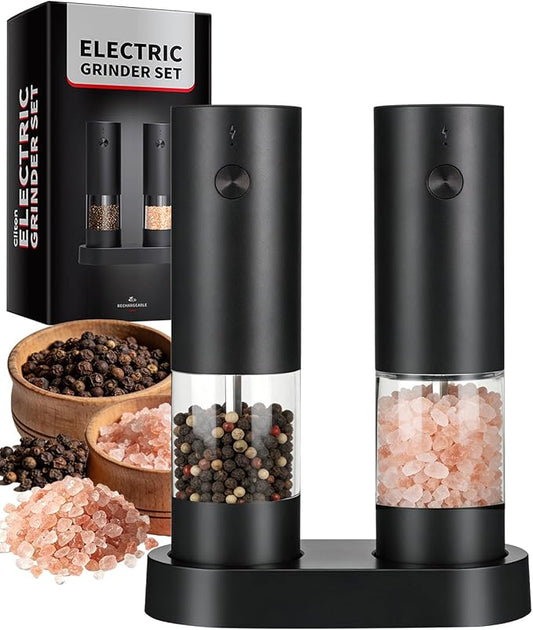 Electric Salt and Pepper Grinder Set Rechargeable, Automatic Salt and Pepper Shakers Mill Refillable, One Hand Operation Adjustable Coarseness, Kitchen Gadgets, House Warming Gifts New Home