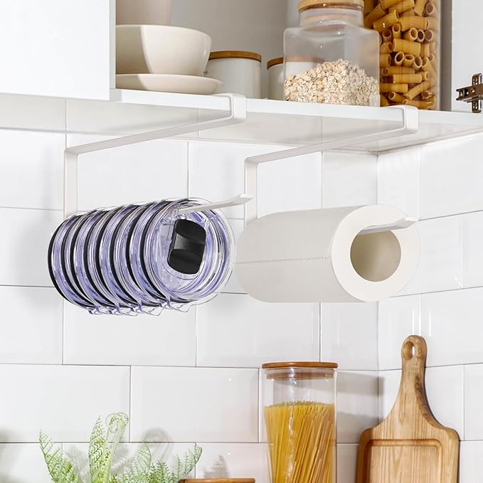 Tumbler Lid Organizer 2 Pack Tumbler Lid Storage Hook Up to 20 Lids, Space Saving Cup Lid Organizer Under Cabinet Tumbler Lid Hanger for Kitchen Storage, Horizontal Paper Towel Hanger (White)