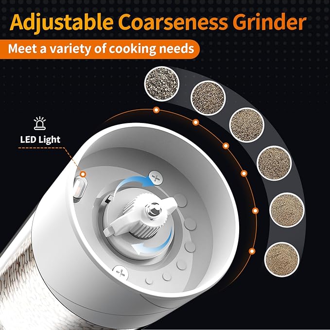 2Pack Electric Salt and Pepper Grinder Set USB Rechargeable with Warm LED Light, Adjustable Coarseness Lidaop Large Capacity Automatic Salt Pepper Mill Grinder for Kitchen, Black and White - Image 3